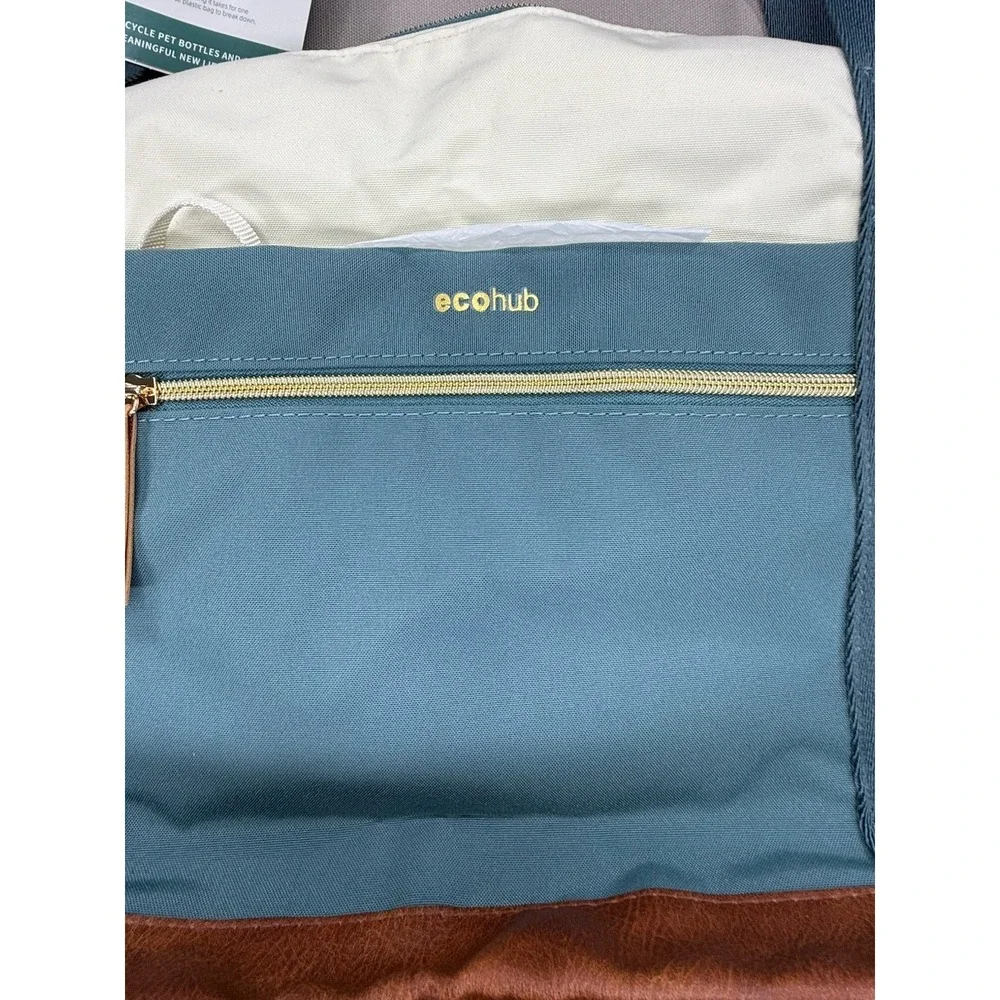 ECOHUB Tote‎ Bag Women Blue Beige Pockets Recycle Medium Canvas Travel Zip Work